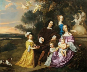 Ritratto di un gruppo familiare vicino a una fontana ornamentale in un paesaggio pastorale, 1663